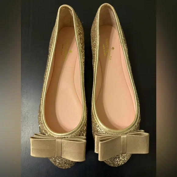 kate spade | Shoes | Kate Spade New York Flats Dress Shoes Pumps Gold  Glitter Gold Sheen Bow Sz 75 | Poshmark